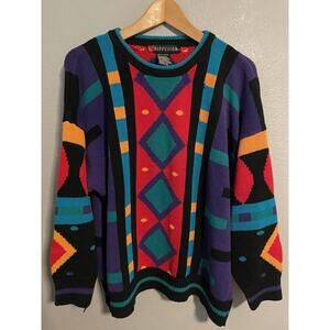 Vintage IB Diffusion Sweater Mens Large Multicolor Geometric Knit Dopamine 1989